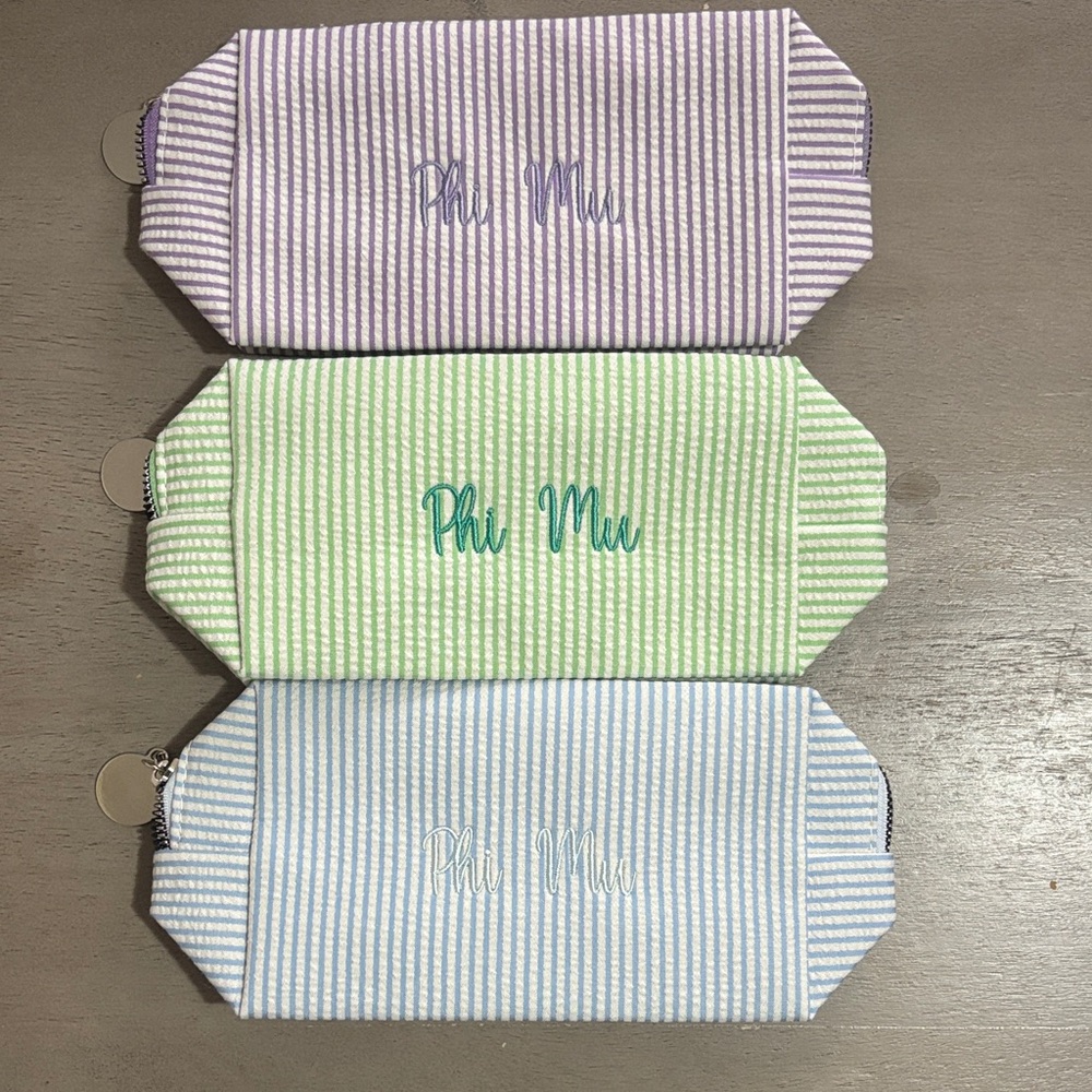Embroidered Phi Mu seersucker cosmetic bag